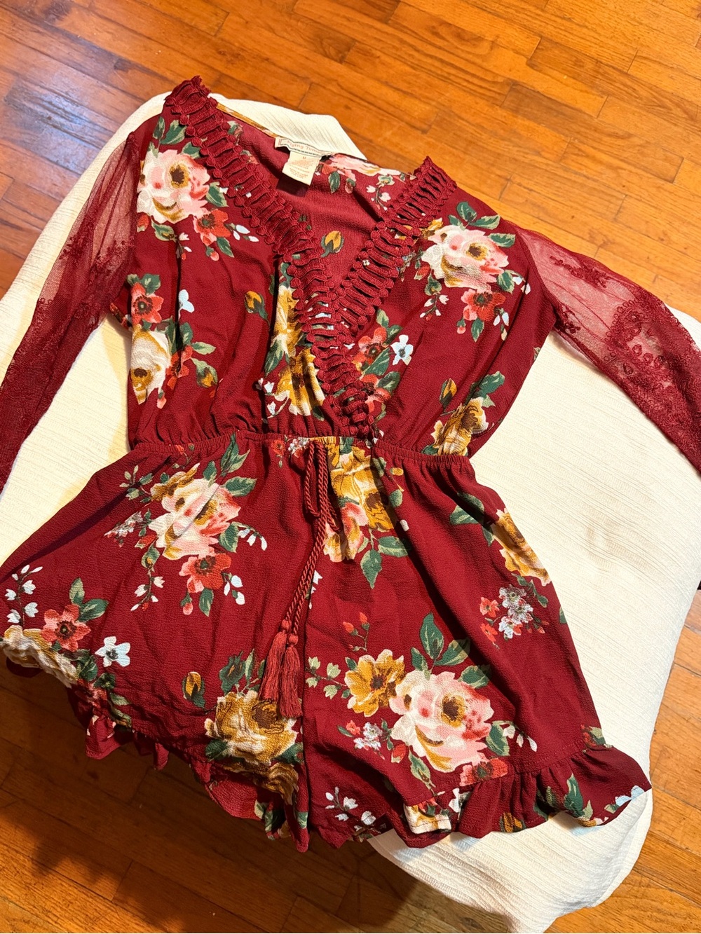 Flying Tomato Burgundy Floral Lace-Sleeve Romper